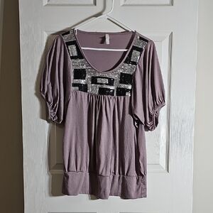 Silver And Black Sequin Casual Pullover Short Sleeve T- Shirt Purple Size L